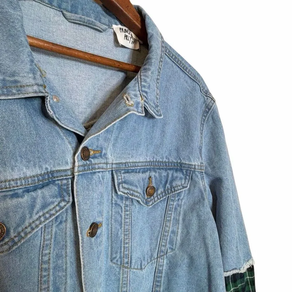 Princess Polly Mixed Media Denim & Flannel Larkin Jean Jacket Blue Green S/M‎
